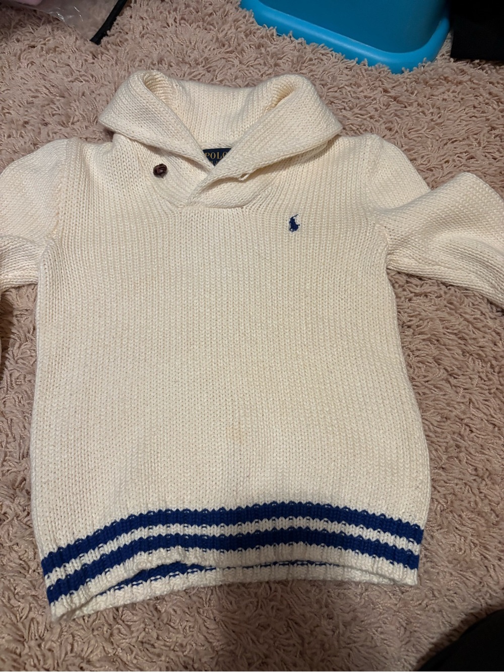 Polo by Ralph Lauren Cream V-Neck Shawl Collar Sweater with Navy Trim